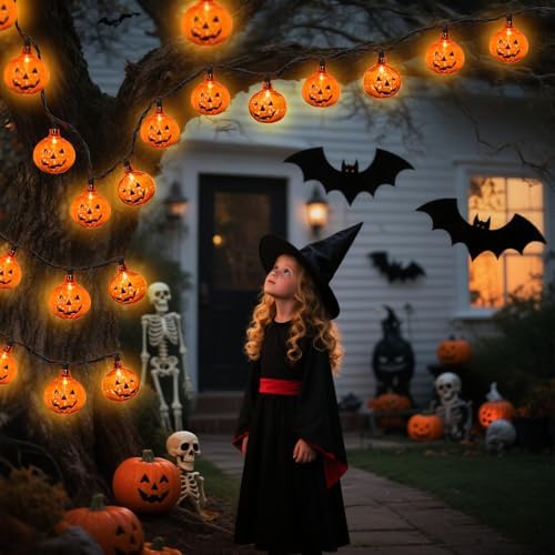 8.5FT LED Halloween Lights Pumpkin String Lights with 10 Smiling Jack O Lantern Pumpkin Lights, LED Jack O Lantern for Home Party Yard Porch Indoor Outdoor Halloween Decorations, 0.07W