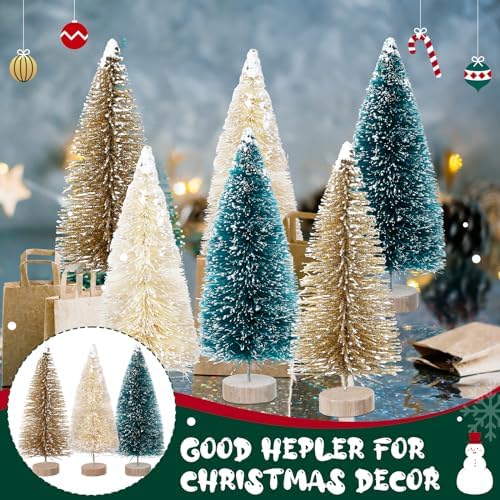 24 Pcs 4 Inch Mini Christmas Tree Bottle Brush Trees Artificial Frosted Sisal Christmas Tree with Wood Base for Christmas Decoration and Display Home Tabletop (Gold, Cyan, Beige)