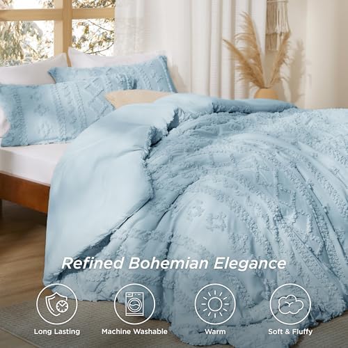 Bedsure Tufted Boho Comforter Set Twin Size - Sky Blue Boho Bed Set, GentleSoft™ 2 Pieces Farmhouse-Style Embroidery