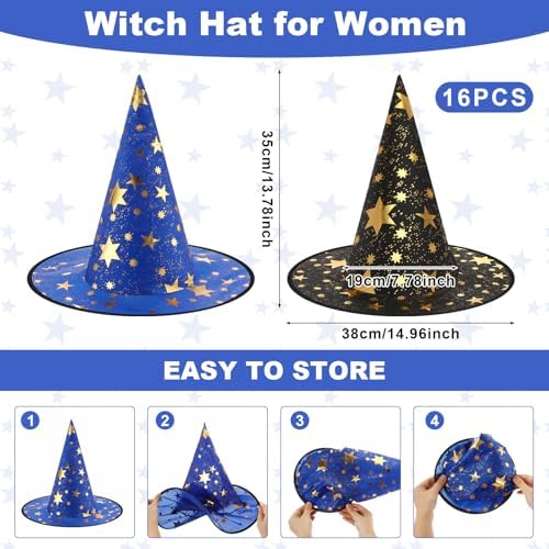 Newcotte 16 Pieces Witch Hats Halloween Costumes for Women Men Modern Witch Hats Fancy Dress Party Decorations