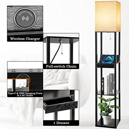 Floor Lamp with Shelves, RUNTOP LED Shelf Floor Lamp with Wireless Charger & 2 Charging USB Ports & Drawer, AC Outlet
