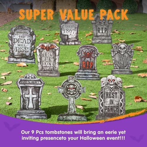 JOYIN 16" 9 Pcs Halloween Tombstones Decorations Outdoor, Graveyard Yard Lawn Plastic Headstones with 18 Metal Stakes for Halloween Cemetery, Indoor Decorations, Prop, Party Decor Supplies
