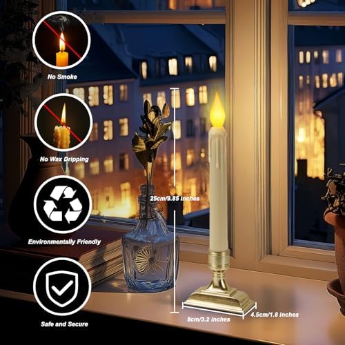 6 Pcs Sensor Dawn to Dusk Window Candles, Flickering Battery Candles for Windows, Ultra Bright Fake Candle Lights with Gold Holders, Led Candlesticks for Xmas Home Decor, Warm Yellow Light