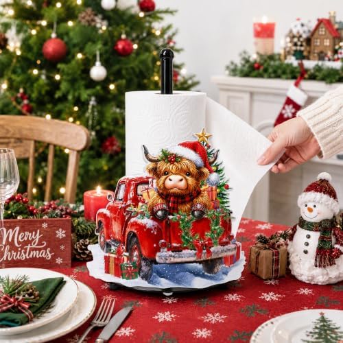 Christmas Highland Cow Paper Towel Holder, Farmhouse Xmas Kitchen Countertop Decor, Highland Cow Paper Towel Roll Stand, Christmas Housewarming Birthday Gift for Women Mom