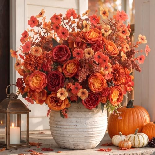 Mixed 8pcs Fall Artificial Peony Hydrangea Bouquet, Burnt Orange Red Silk Faux Flower, Autumn Faux Floral Arrangements for Wedding Table Thanksgiving Outdoor Planters Porch Patio Garden Yard