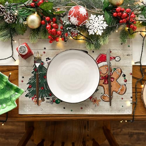 Artoid Mode Snowman Tree Gingerbread Wood Christmas Placemats Set of 4, 12x18 Inch Seasonal Winter Holiday Table Mats for Party Kitchen Dining Decoration