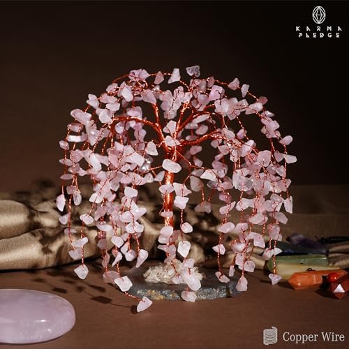 KARMAPLEDGE Chakra Tree of Life Birthday Gifts for Women, Home and Office Decor, Handmade Rose Quartz Crystal Tree for