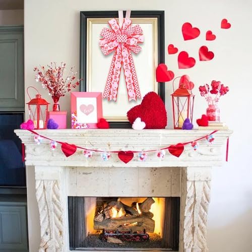 TONIFUL Valentine Tree Topper Bow with Pink Love Heart Valentines Burlap Wreath Bow for Front Door Home Decor Wedding Anniversary Proposal Party Decor(11" x 20"