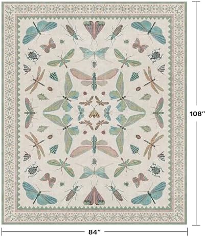 7x9 Green Butterfly Rugs for Kids Bedroom - Washable Insect Area Rug for Living Room, Dining Room Under Table, Boho