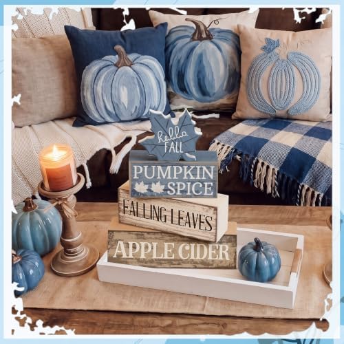 Moucuny 4 Pcs Fall Table Decoration Rustic Blue Maple Leaf Wooden Blocks