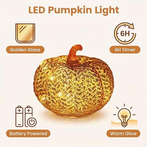 Fall Decorations for Home,Mercury Glass Pumpkin Lights with Timer(Orange)
