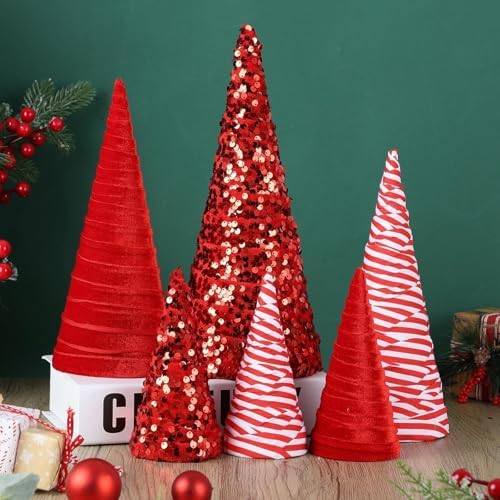 6 Pcs 12" 10" 6" Christmas Red White Velet Cone Tree Decoration Christmas Glitter Table Tree Farmhouse Tree Tiered Tray Ornament Xmas Tree for Home Holiday Entryway Tabletop Tree Centerpiece Decor