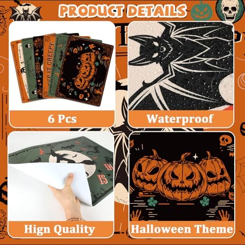 Halloween Plastic Placemats Set of 6 Black Gothic Bat Mat 17×13×0.04 in