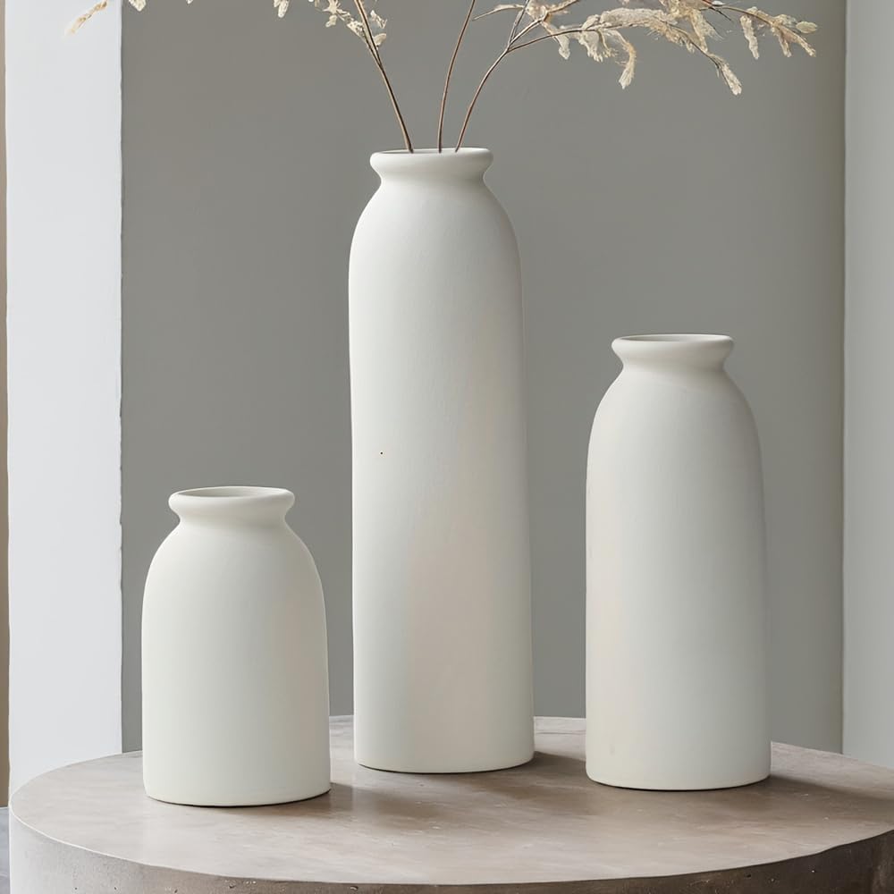 Tall Decorative Ceramic Vase Set / Standard White / 10.6 Inch / Set of 3