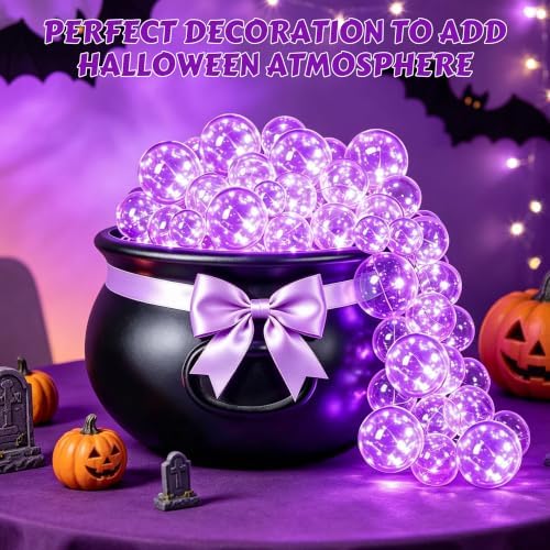 Halloween Witches Cauldron Decorations, DIY Bubbling Large Cauldron Bowl Set with Clear Plastic Balls, Purple String Light and Purple Ribbon for Halloween Hocus Pocus Party Indoor Outdoor Decor