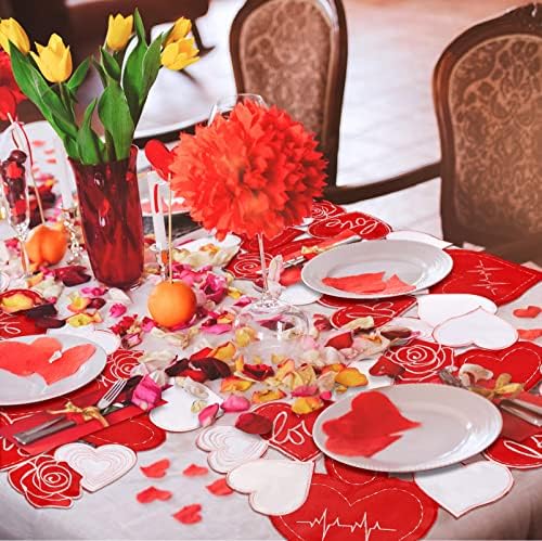 6 Pcs 11 x 17 Inch Embroidered Valentine's Day Placemats Applique Heart Placemats Red Rose Floral Love Heart Table Mats for Wedding Party Dining Table Decoration