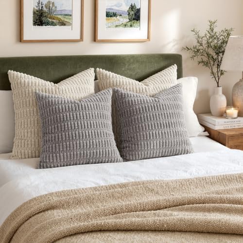 MIULEE Corduroy Decorative Throw Pillow Covers 20x20 Light Grey Pack of 2