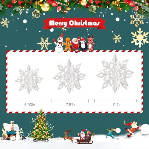 Crafare 18 Pieces Paper Winter Christmas Hanging Snowflake Decorations 3D Large White Snowflakes with String 6 inch, 8 inch10 inch,for Christmas New Year's Party Frozen-Themed Birthday Celebration