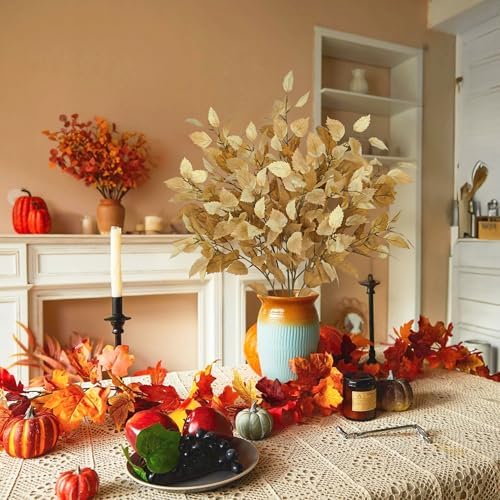 Artificial Fall Birch Leaves Stem - 6 Pcs Faux Autumn Greenery Long Stems 33.4" Tall Fake Plants with Branches Decorations for Thanksgiving Wedding Centerpieces Home Table Decor Floral Arrangements