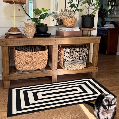 Front Door Mat Indoor Entrance 2x4.3 Modern Black White Striped Rug