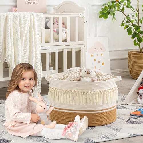 KAKAMAY Large Blanket Basket (20"x13"),Woven Baskets for storage Baby Laundry Hamper, Cotton Rope Blanket Basket for