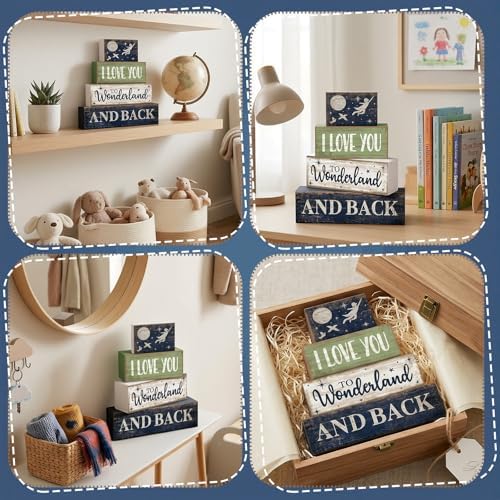 Lineshading 4 Pcs Wooden Farmhouse Block Signs Tiered Tray Decor, Newborn