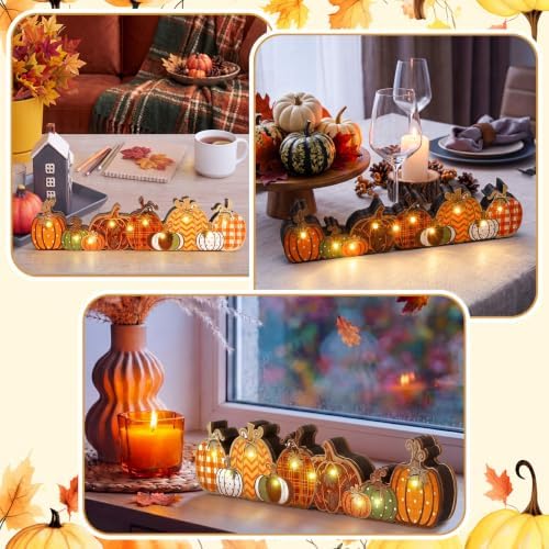 Yousoontic Fall Table Decorations, Light up Pumpkin Table Centerpieces Retro Wooden Sign Decor with LED Lights 3D Block Pumpkin Decor for Autumn Thanksgiving Harvest Farmhouse Home Mantel Desk Party