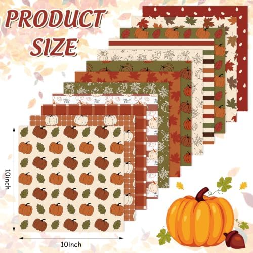 Whaline 12 Pcs Boho Fall Fabric Squares Cotton Fabric Bundles Green Brown Pumpkin Maple Leaf Plaid Sewing Fabrics for Autumn Thanksgiving DIY Handmade Craft Decor, 10 x 10 Inch