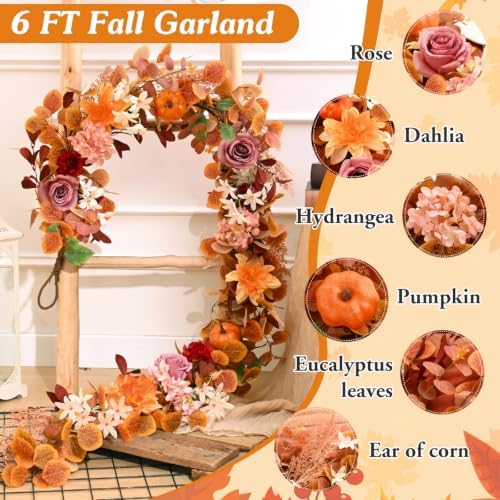 6FT Fall Garland for Mantle, Pumpkin Dahlia Garland Fall Decor