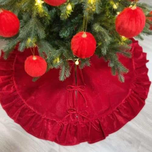 Velvet Christmas Tree Skirt Red 48 inch Ruffled Holiday Tree Skirt for Rustic Xmas Tree Decoration