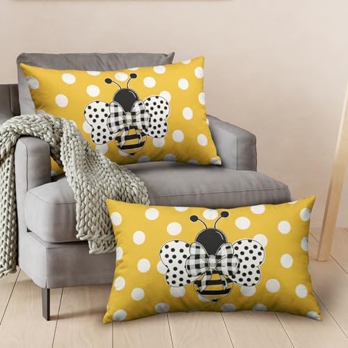 Lumbar Pillows Covers 12x20 Set of 2 Spring Summer Farmhouse Decorative Bumble Bee Polka Dots Throw Pillow Cover Yellow Honey Bee Rectangle Waist Cushion Case for Outdoor Couch Patio