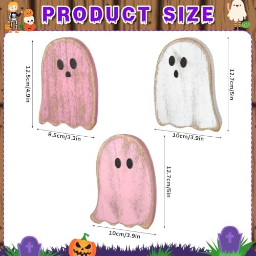 3Pcs Halloween Table Decorations Indoor, Farmhouse Halloween Cute Ghost Decorations, Rustic Ghost Table Centerpieces Signs Tiered Tray Decor for Home Mantel Shelf Office Party Supplies (Pink)
