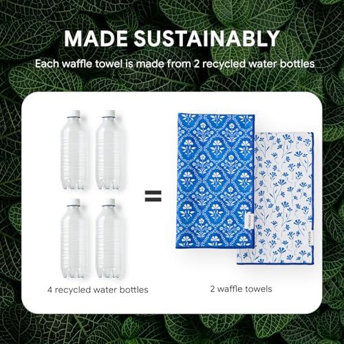 RECYCO Waffle Kitchen Towel Set of 2 - Quick Dry Microfiber Sustainable Dish Towels - Ultra Absorbent Reusable Cleaning Tea Towels - Lightweight Hand Towels,16”x 28”, Coastal Bliss