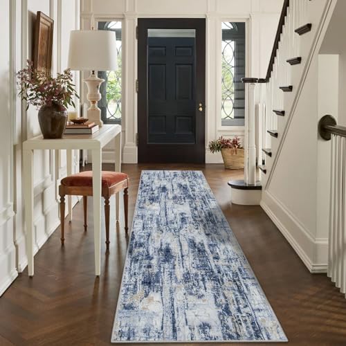 2'6''x8' Runner Rugs Washable Rug: Modern Abstract Hallway Blue Gold Carpet