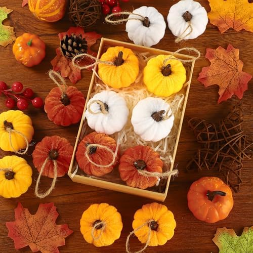 16 PCS Fall Thanksgiving Pumpkin Hanging Ornaments Velvet Fabric Pumpkin Hanging Small Tree Ornament 2.2" Orange Pumpkins Ball Tree Decoration for Fall Thanksgiving Home Farmhouse Harvest Party Decor