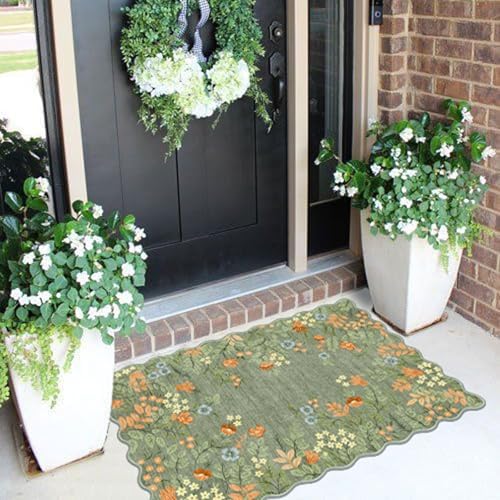Front Door Mat Indoor Outside Entrance, 2x3 Sage Green Floral Rug