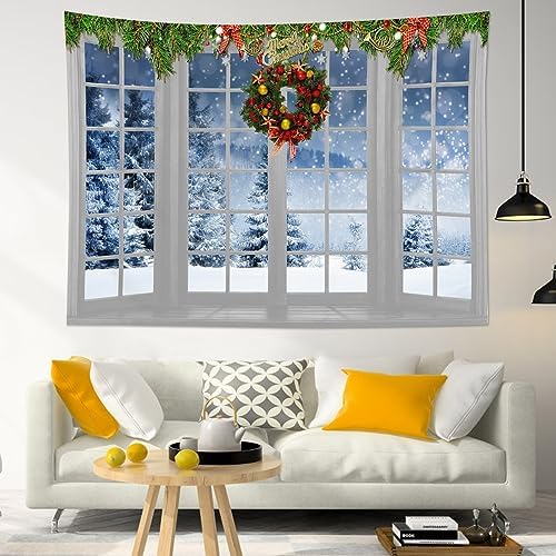 HVEST Winter Tapestry Wall Hanging Snow Pine Tree Forest outside Window Wall Art for Bedroom, Christmas Wreath and Green Pine Branch Tapestry for Living Room Dorm Wall Decor, 60L X 80W inches