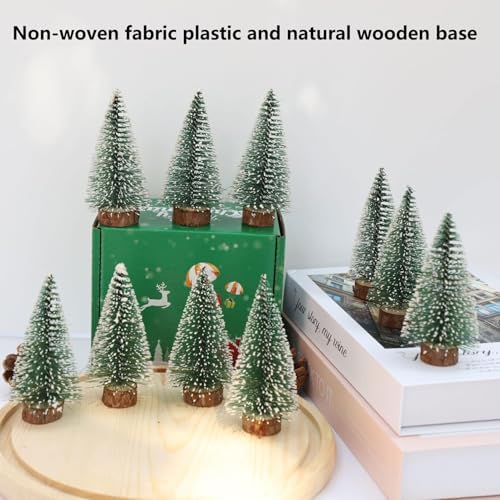 3 Pack Mini Christmas Trees with Snow & Wood Base - 4 Inch Bottle Brush Desktop Decor for Xmas, Holiday, Office, Shelf, or Tabletop - Festive Miniature Holiday Decorations Gift Set