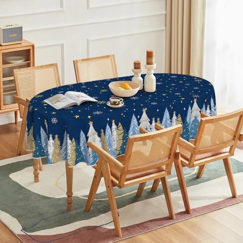 Horaldaily Christmas Tablecloth 60x84 Inch Oval, Christmas Trees Blue Grey Washable Seasonal Table Cover for Party Picnic Dinner Decor