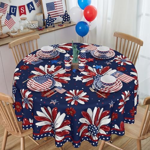 4th of July Tablecloth 60 Inch Round, Patriotic Memorial Day Print Flowers Decorations for Home Table Cloth, Independence Day Blue Seasonal Decor Tablecloths Polyester for Picnic Party Supplies