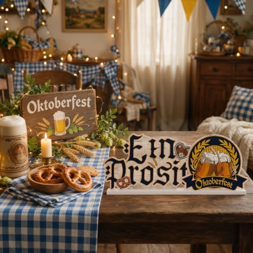 Smile Oktoberfest Wooden Standing Decor, Ein Prosit Pretzel Beer Mug Tiered Tray Tabletop Signs with Stands for Home Bar Party Decor