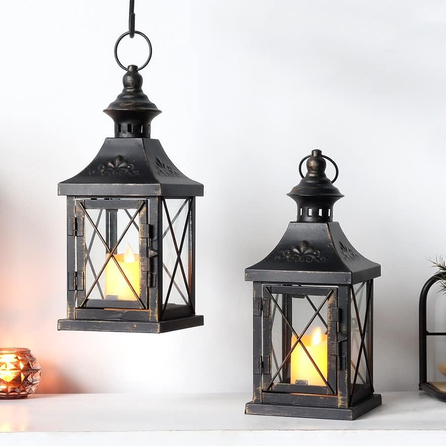 TRIROCKS Set of 2 Decorative Candle Lantern 11'' High Metal Candle Holder Hanging Lantern Perfect for Home Decor