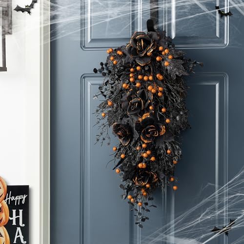 Glitzhome Halloween Wreath and Teardrop Swag Set, 3 Piece Black Rose Collection with a Spooky Lighted Bat Wreath and Swag, Elegant Gothic Floral Decor for Door, Mantle or Wall