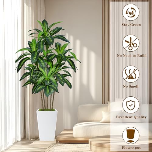 Flydeer 6FT Artificial Dracaena Tree with Tall White Planter, Floor Plant