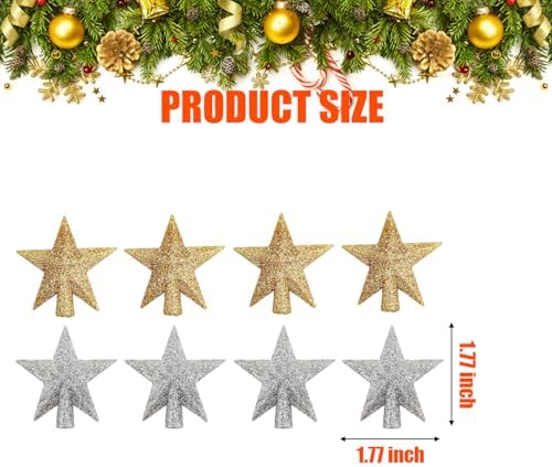8 Pcs Mini Christmas Tree Topper Mini Star Tree Topper 1.77 Inch Christmas Star Treetop for Small Tree Christmas Holiday Ornaments Decoration (Glitter Gold Silver)