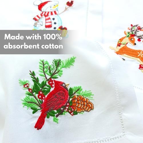 HCRAFT Embroidered Cotton Table Napkin, Cloth Napkins Set of 4 18"x18" Mix Christmas with Animals Napkin Square Fabric, Dining Room, Napkins Cloth Machine Washable, Christmas Napkins, Present Ideas