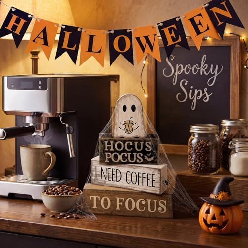 Lineshading 4 Pcs Wooden Tiered Tray Decor Ghost Coffee Block Signs