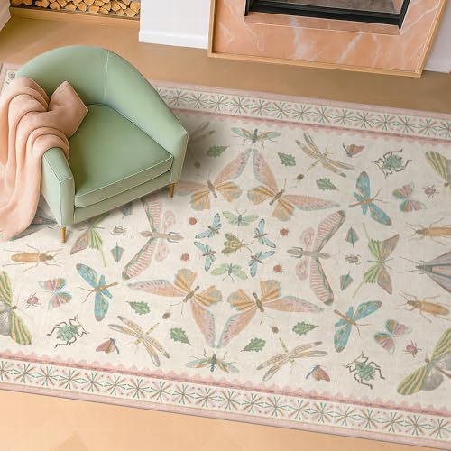 Hazo Haus Neutral Girl Nursery Rug 4x6 - Beige & Pink Rugs for Bedroom, Living Room - Washable Low Pile Non-Slip