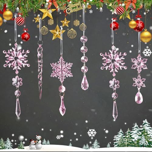 20pcs Crystal Christmas Ornaments for Christmas Tree Decorations-Light Pink Hanging Acrylic Snowflake and Icicle Ornaments with Drop Pendants for New Year Party Decorations Supplies