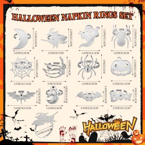 WILLBOND 12 Pcs Halloween Napkin Rings Metal Spooky Rings Holders Silver